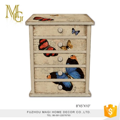 Antique Butterflies Wooden Multi Drawers Jewellery Box