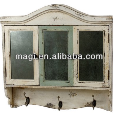 Distressed wooden wall hanging cabinet with hooks